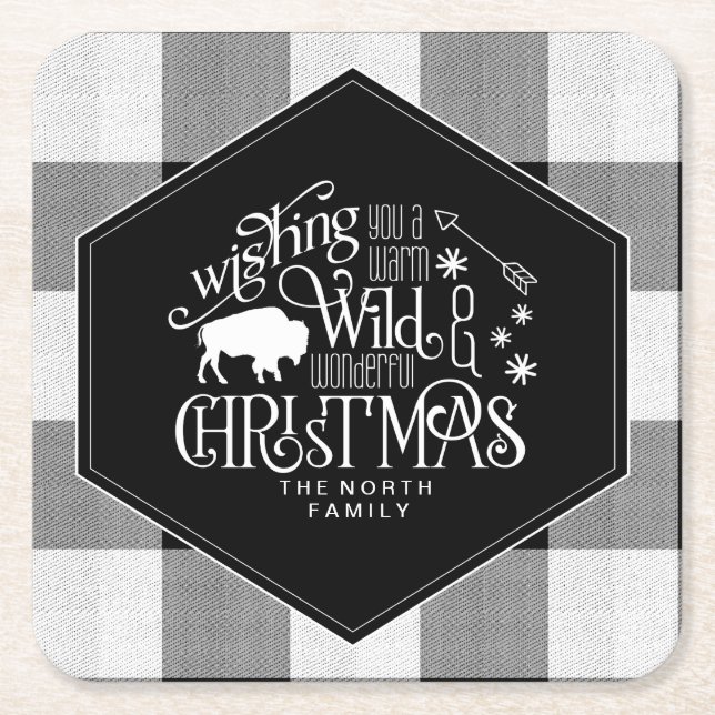 Wild Wonderful Christmas Black Buffalo Plaid ID604 Square Paper Coaster (Front)