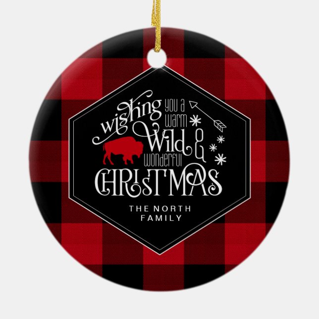 Wild Wonderful Christmas Red Buffalo Plaid ID604 Ceramic Ornament (Back)