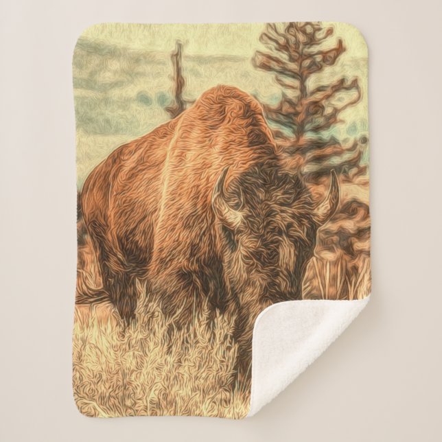 Wild Woodland Bison Sherpa Blanket (Front)