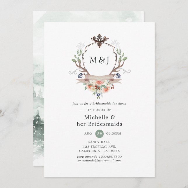 Wild Woodland Crest Monogram Bridesmaids Luncheon Invitation (Front/Back)