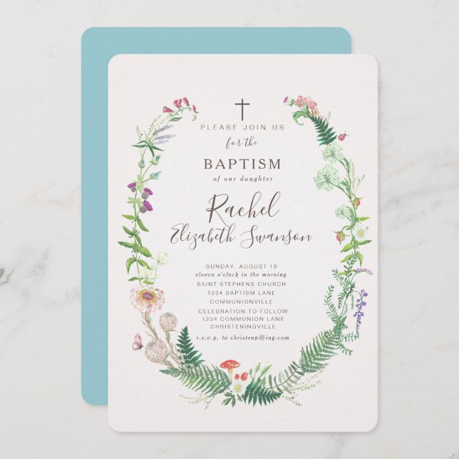 Wild Woodland Flowers Baptism Invitation (Front/Back)
