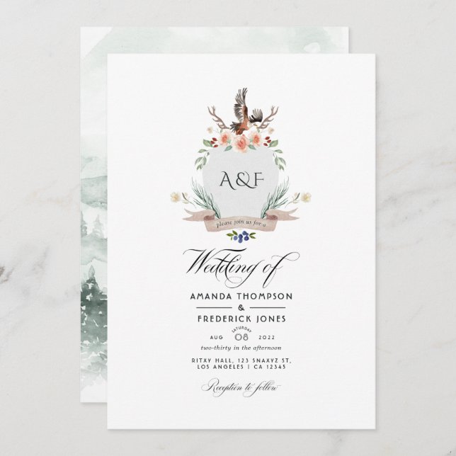 Wild Woodland Laurel Crest QR Code RSVP Wedding Invitation (Front/Back)