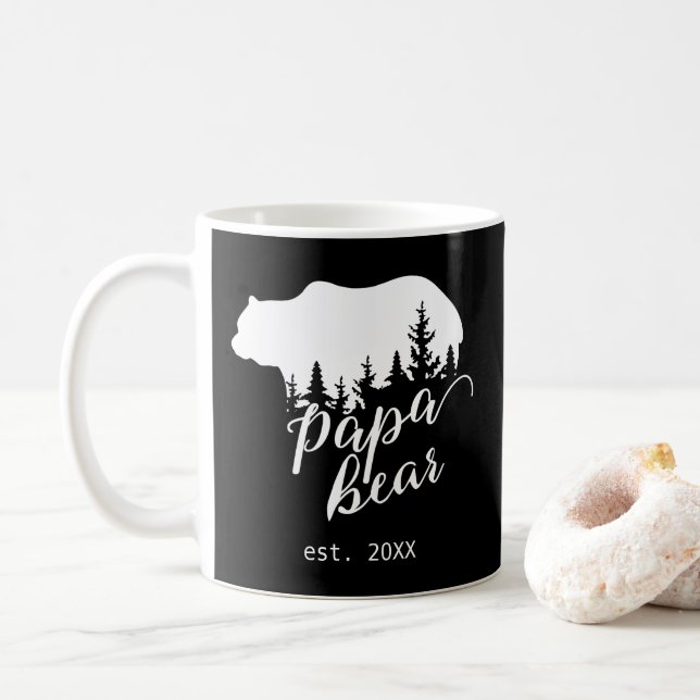 Wild Woodland Papa Bear Personalised Black & White Coffee Mug (With Donut)