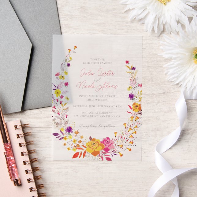 Wild Wreath Beautiful Fall Flowers Simple Wedding Vellum Invitations (Wedding)