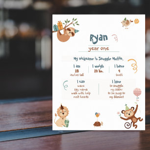 Wild Year One Milestones Poster with Zoo Animals