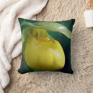 Wild Yellow Lady Slipper Orchid Flower Close Up Cushion