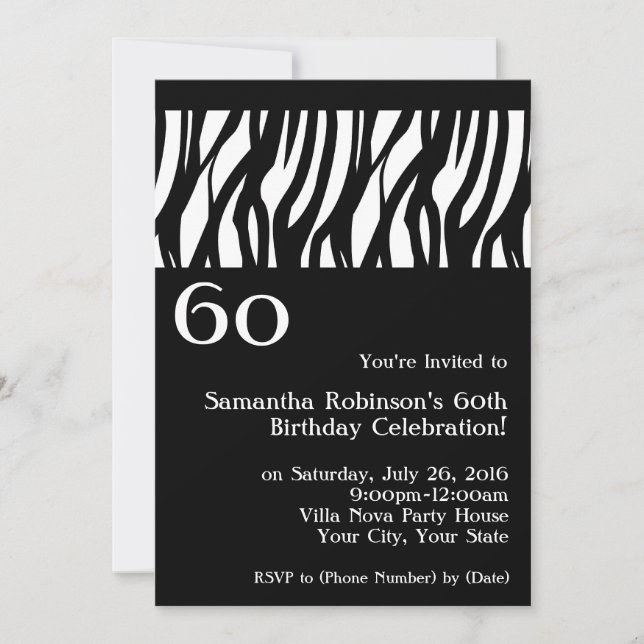 Wild Zebra Black w/White 60th Party Invitations (Front)