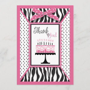 Wild Zebra Print & Birthday Cake Pink Thank You Card