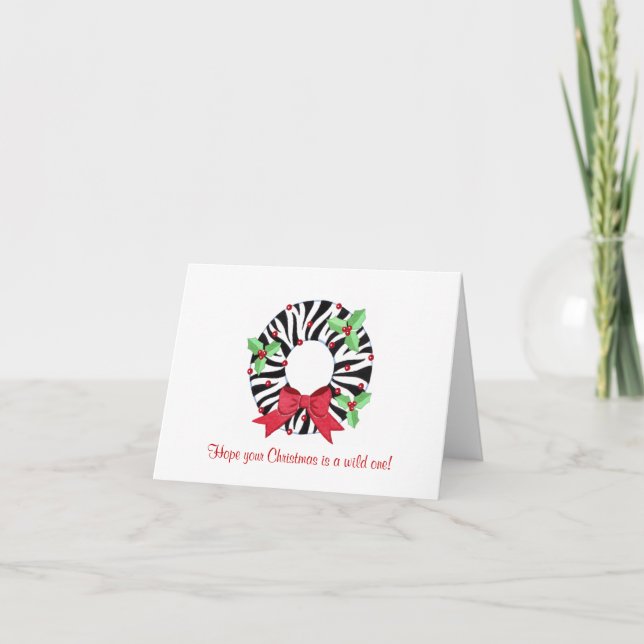 Wild Zebra Wreath Fun Christmas Cards (Front)