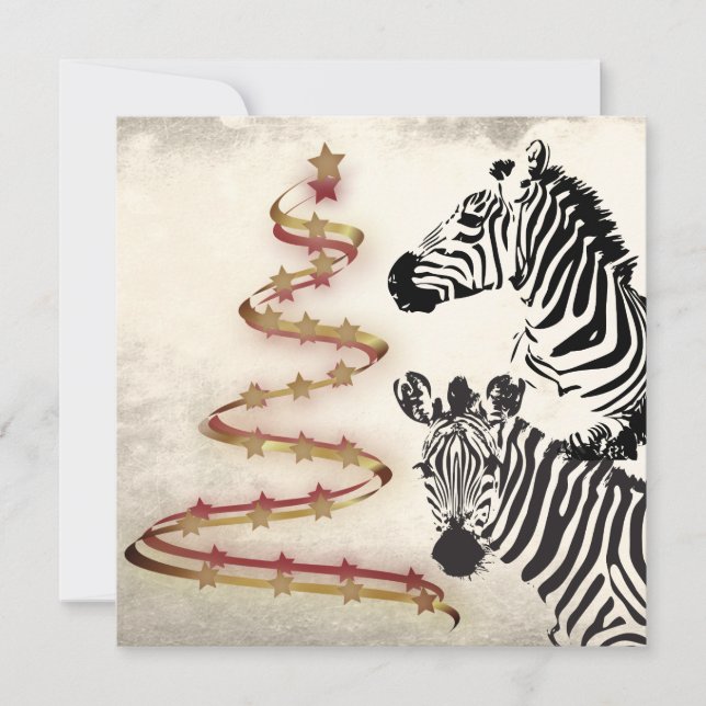 Wild Zebras and Ribbon Stared Christmas Trees Flat Holiday Card (Front)