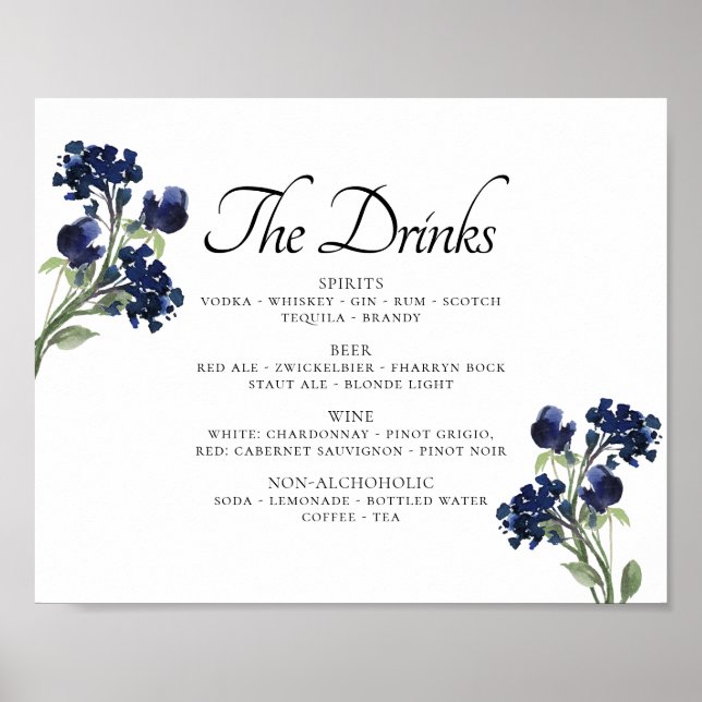 Wildbloom | Navy Blue Bohemian Flowers Drink List Poster (Front)