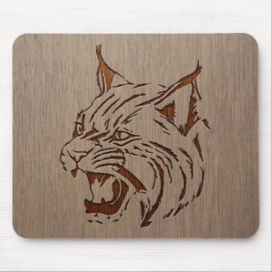 Wildcat illustration engraved on wood design mouse pad