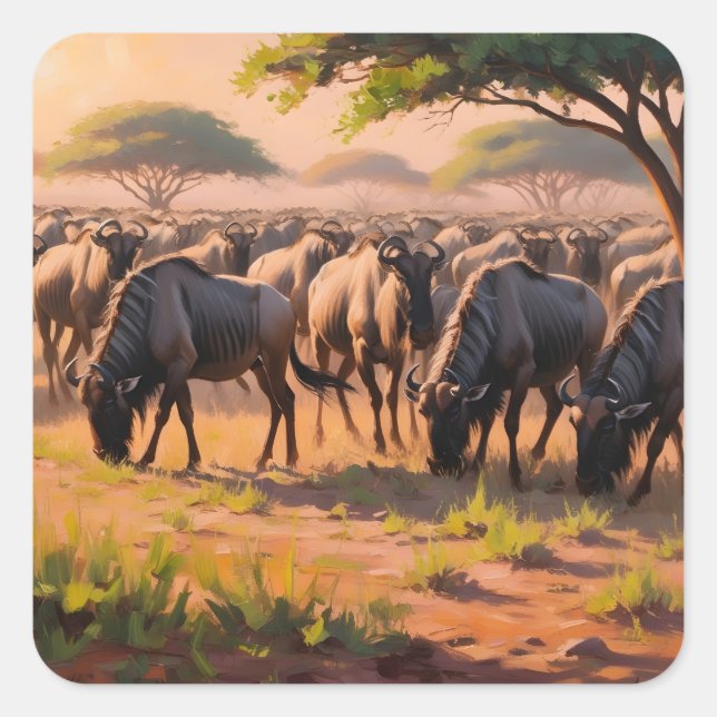 Wildebeest in savannah square sticker (Front)