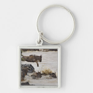 Wildebeest jumping into Mara River Key Ring
