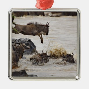 Wildebeest jumping into Mara River Metal Tree Decoration