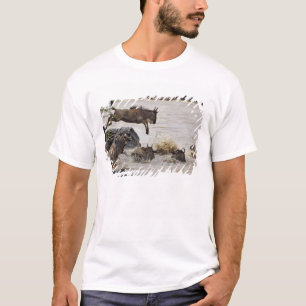 Wildebeest jumping into Mara River T-Shirt
