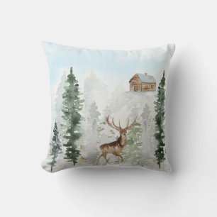 Wilderness Cabin Deer Snow Pine Trees Cushion