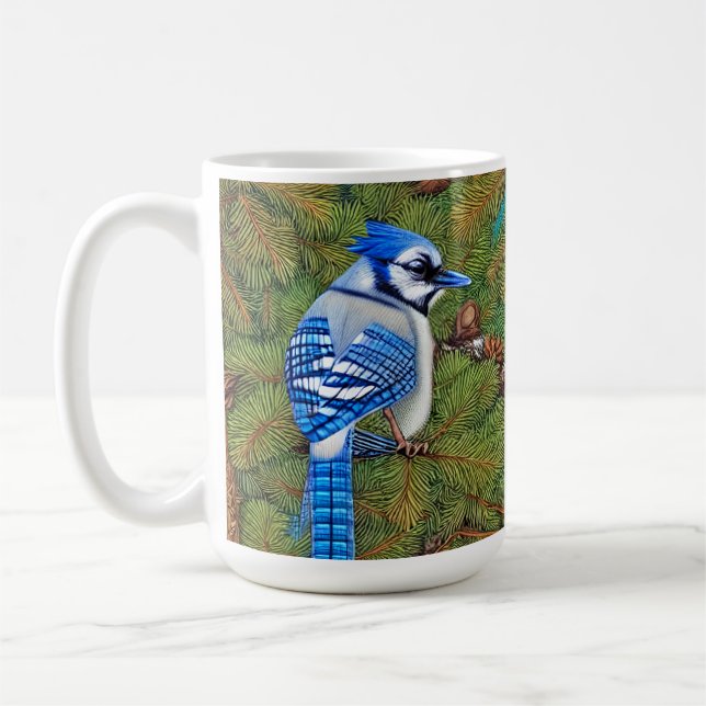 Wilderness Evergreen Blue Jay Coffee Mug (Left)