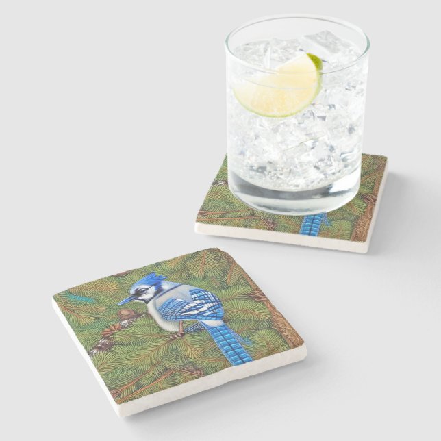 Wilderness Evergreen Blue Jay Stone Coaster (Side)