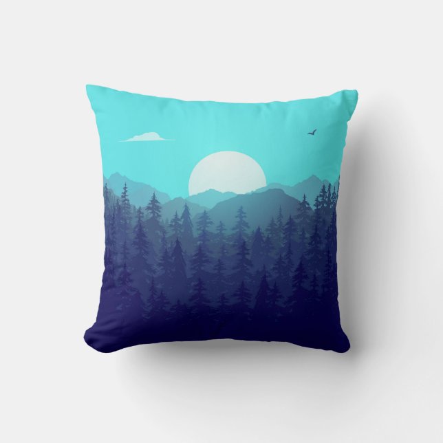 Wilderness Forest Sunrise Vintage Illustration Cushion (Front)