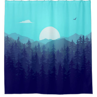 Wilderness Forest Sunrise Vintage Illustration Shower Curtain