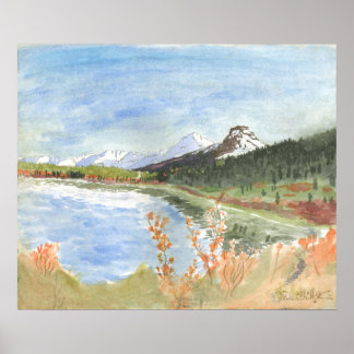 Wilderness Lake in Autumn Watercolor: Poster