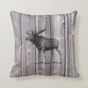 Wilderness Moose on Rustic Wood Cabin Throw Pillow