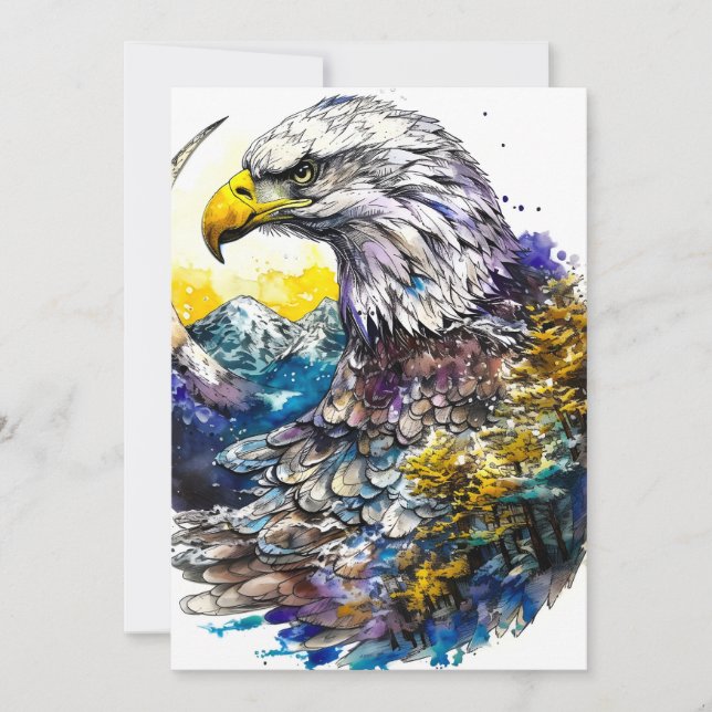 Wilderness Watercolor Forest Moon Eagle Holiday Card (Front)