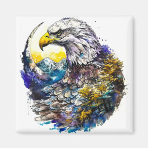 Wilderness Watercolor Forest Moon Eagle Magnet