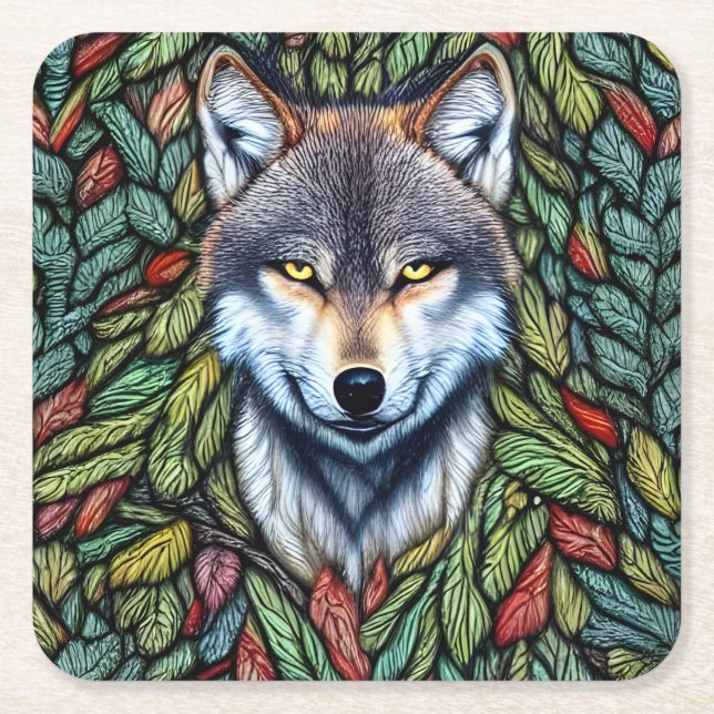 Wilderness Woodland Predator Wolf Square Paper Coaster (Front)
