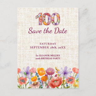 Wildflower 100th Birthday Save the Date Announcement Postcard