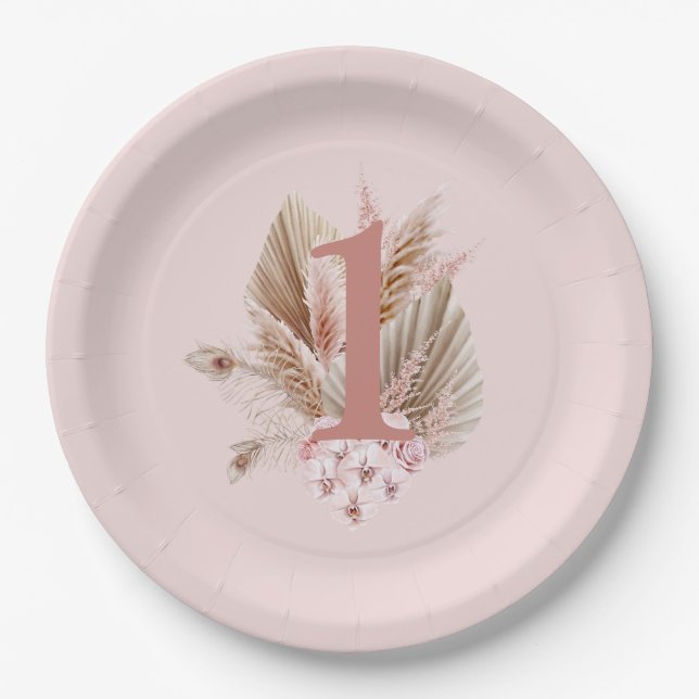 Wildflower 1st Birthday Girl Pink Paper Plate (Front)