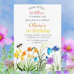 Wildflower 1st First Birthday Red Blue Floral Invitation