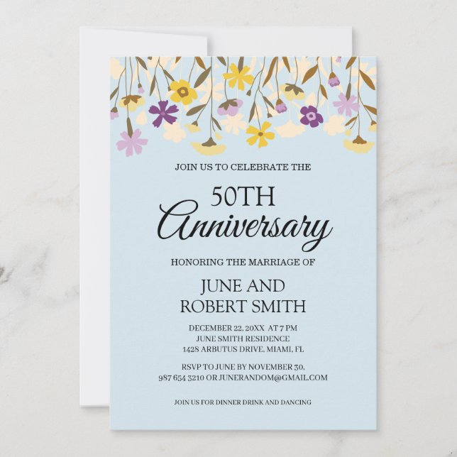 Wildflower 50th wedding anniversary invitation (Front)
