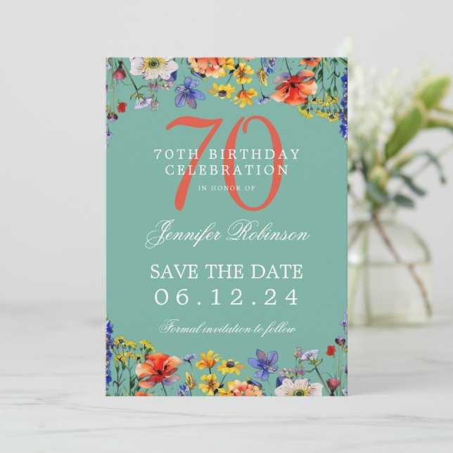 Wildflower 70 Birthday Save Date Details Teal  Invitation (Standing Front)