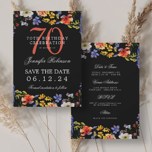 Wildflower 70th Birthday Save Date Details Black  Invitation
