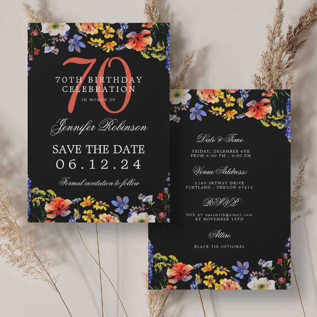 Wildflower 70th Birthday Save Date Details Black  Invitation (Wildflower 70th Birthday Save Date Details Black Invitation)