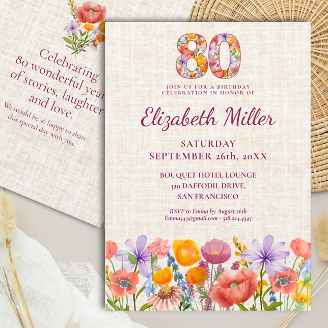 Wildflower 80th Birthday Party - Floral Number Invitation (Creator Uploaded)