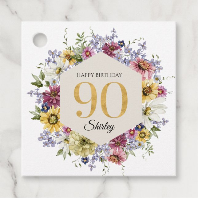 Wildflower 90th Birthday Personalized Favour Tags (Front)
