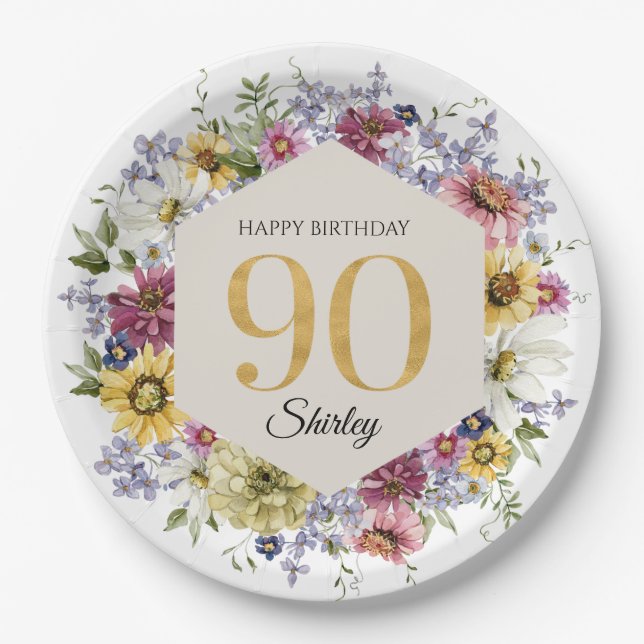 Wildflower 90th Birthday Personalized Paper Plate (Front)