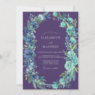 Wildflower Amethyst Cyan Leafy Wedding Invitation