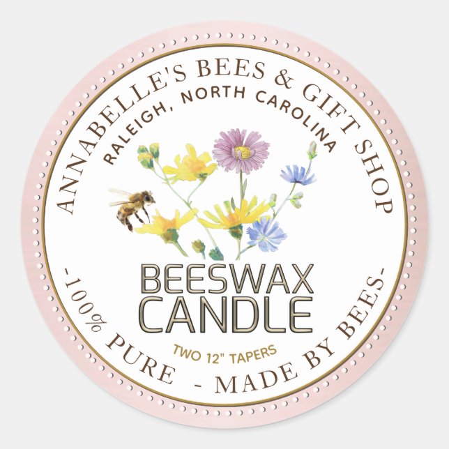 Wildflower and Bee Candle Label Rose Gold Border (Front)