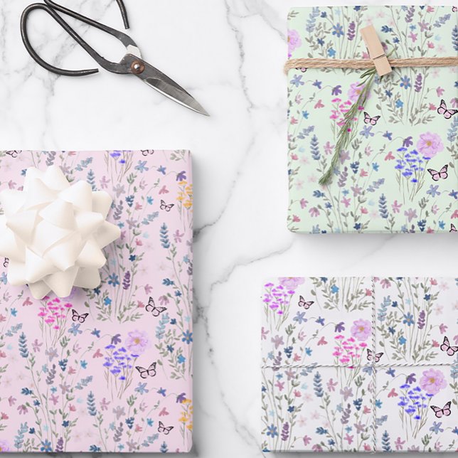 Wildflower and butterflies floral garden pink wrapping paper sheet (Creator Uploaded)