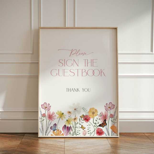 Wildflower and Butterfly Summer Guestbook Pedestal Sign (Wildflower and Butterflies "Sign the Guestbook" sign)