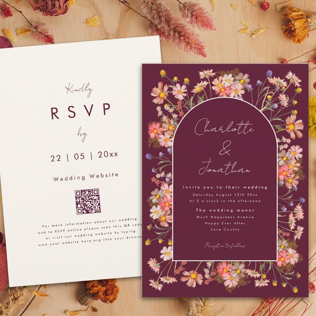 Wildflower Arch Burgundy Terracotta Fall Wedding Invitation (Boho chic wildflower arch burgundy terracotta burnt orange fall wedding invitation )