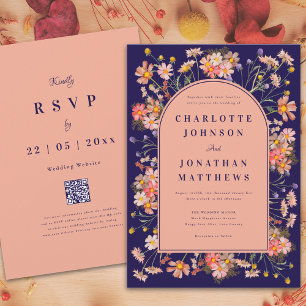 Wildflower Arch Navy Blue Fall Wedding Invitation