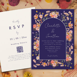 Wildflower Arch Navy Blue Terracotta Fall Wedding Invitation