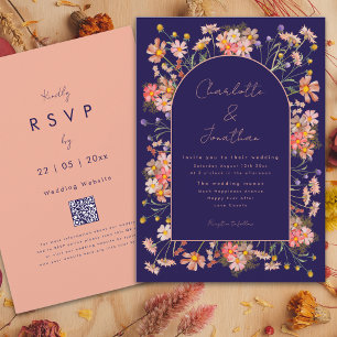 Wildflower Arch Navy Blue Terracotta Fall Wedding Invitation