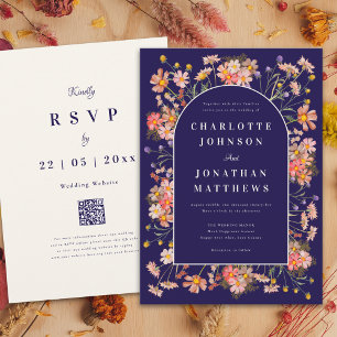 Wildflower Arch Navy Terracotta Fall Wedding Invitation