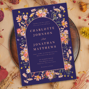Wildflower Arch Navy Terracotta Fall Wedding Invitation